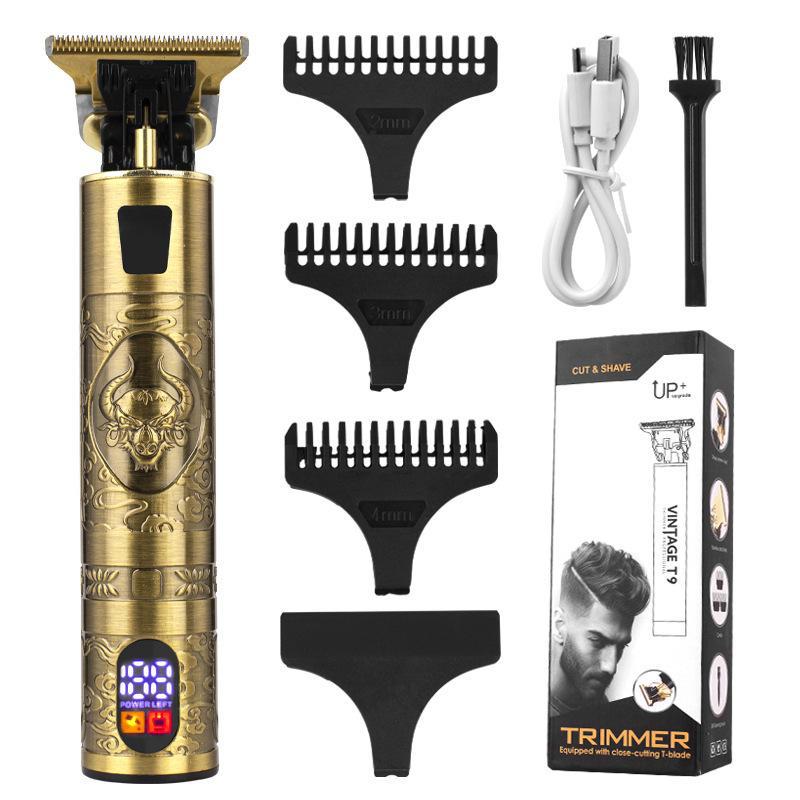 Retro T9 Electric Hair Clipper with LCD Display, USB Charging, Buddha Head Design, Oil Head Styling, and Power Push Technology.