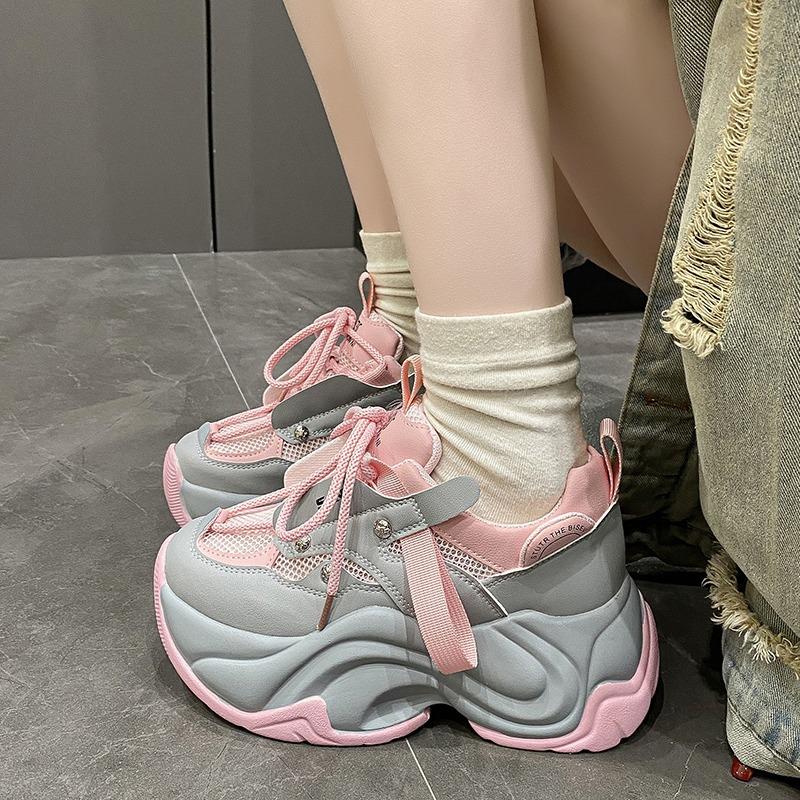 Fashion Fashion Chunky Sneakers Women Autumn Lace Up Platform Sports Shoes Woman 7CM Thick Bottom High Heels Female Leather Sneakers