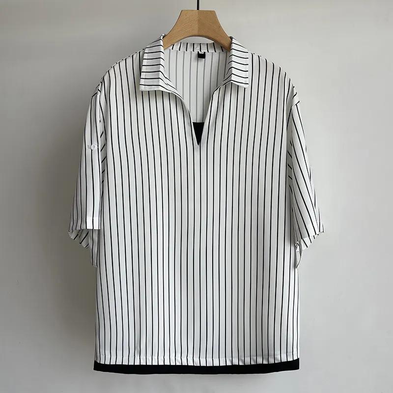 

Plus Size 5XL Short-sleeved Men s Summer Japanese All-match Fake Two-piece Pullover V-neck T-shirt Striped Half-sleeved Shirt M білий