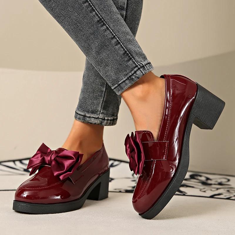 Fashion Fashion Bowknot Chunky Heels Pumps Women Patent Leather Platform Loafers Woman Elegant Slip On High Heels Dress Shoes Plus Size