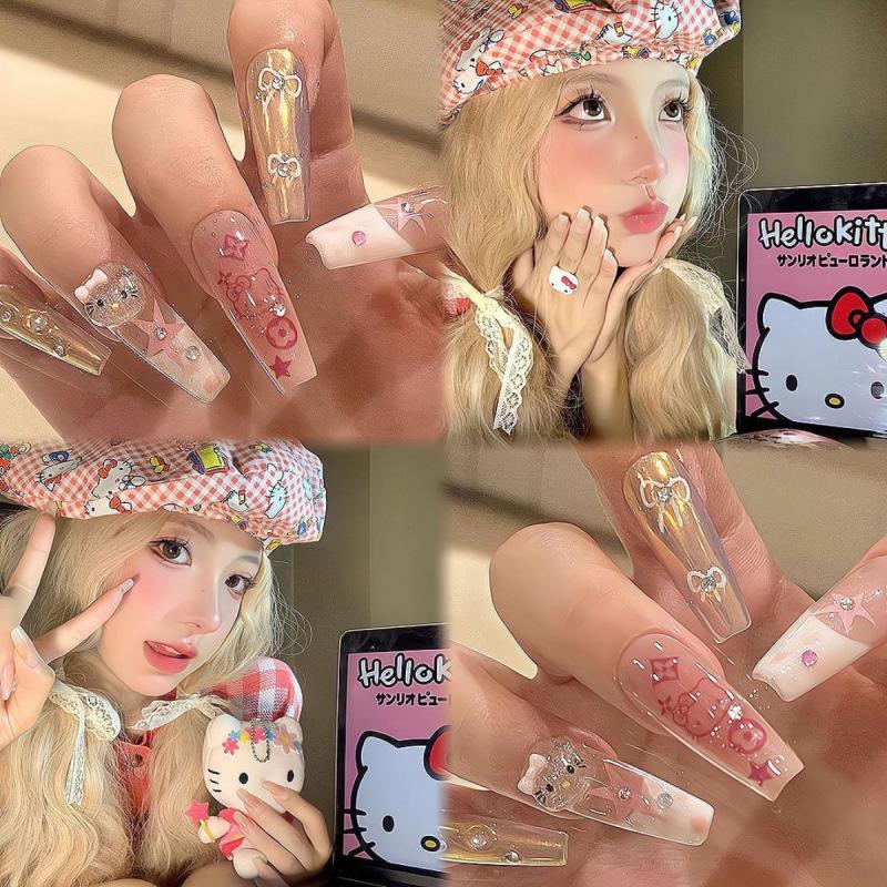 Hello Kitty Cartoon Cute Press-On Nails - Popular Handmade Long Nail Art