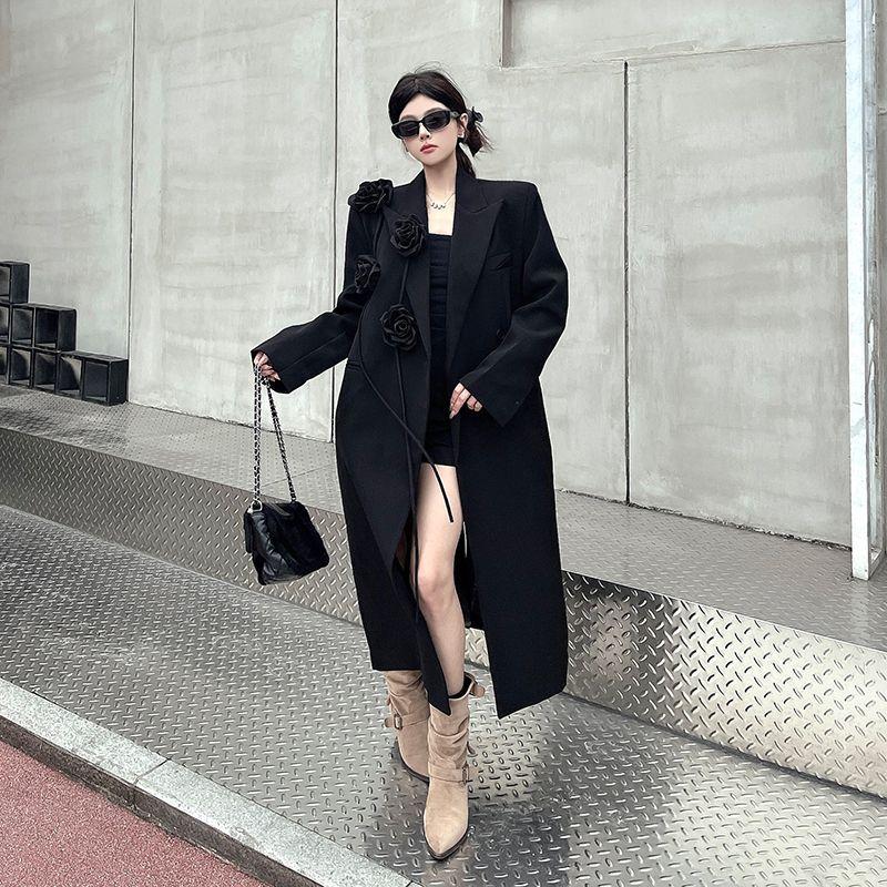 Loose Fit Black Womens Blazer Coat Winter Elegant Stereoscopic Floral Embroidery Heavy Duty Long Trench Suit Jacket