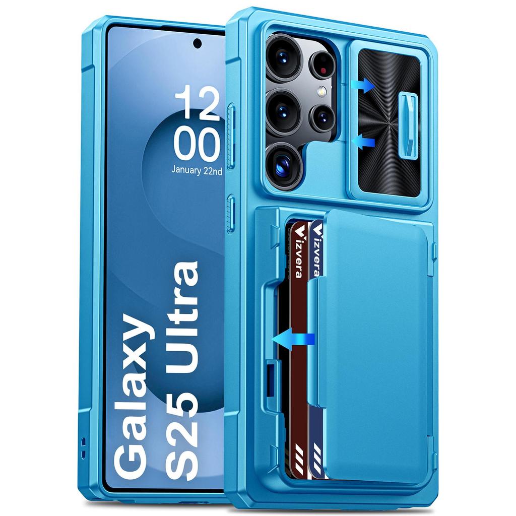 With Card Holder Sliding Camera Cover And Stand For Samsung Galaxy S25 Ultra Phone Case, Anti-Fall PC+TPU Wallet Case-Champagne