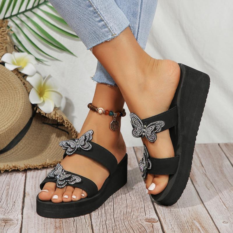 Summer New Slope Heel Sandals Women's Round Head Open Toe Sequin Butterfly Knot Thick Soled Non-slip Slippers