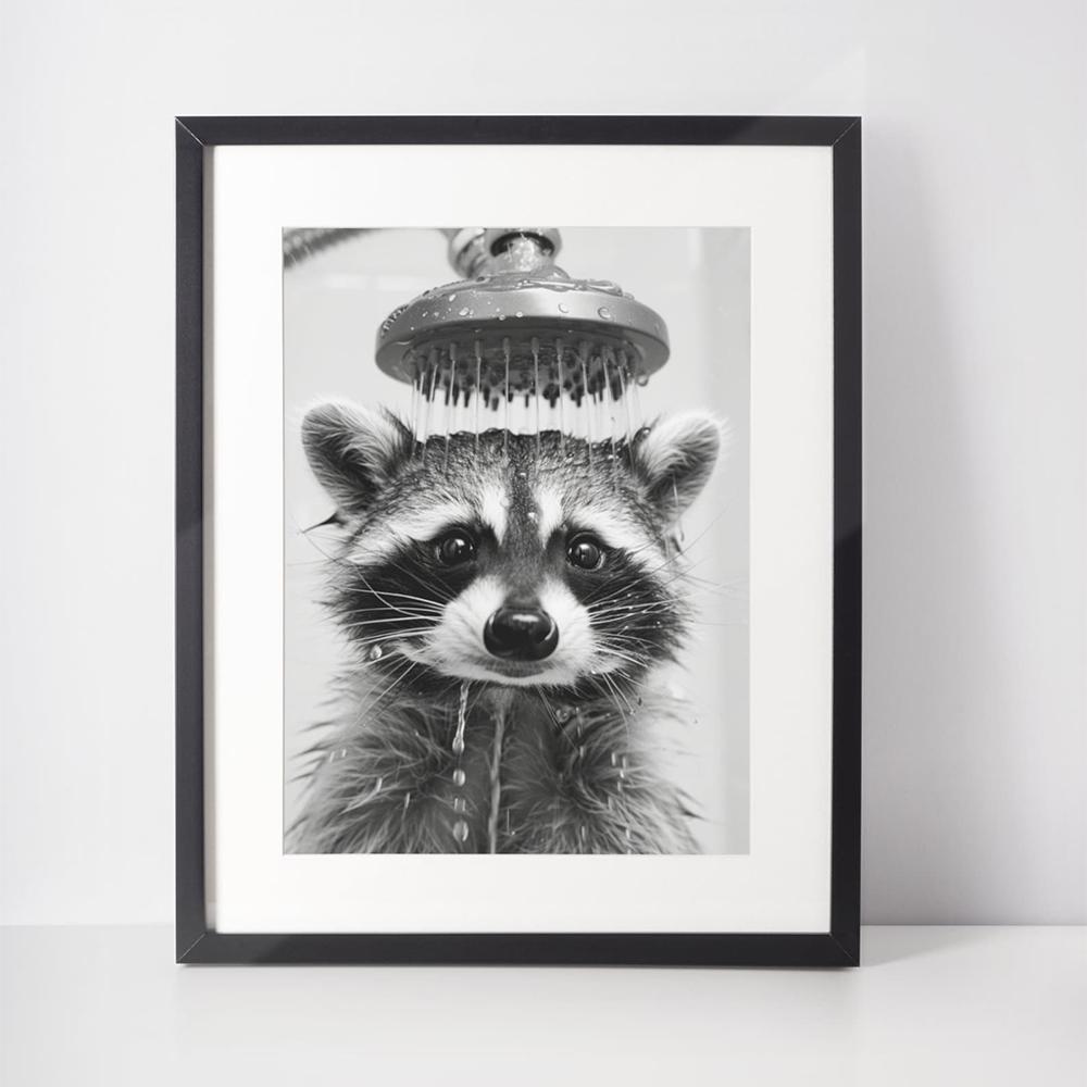 Lindo mapache en el inodoro Pósteres Impresión de Imagen Animal Divertido Blanco y Negro Arte de Pared Pintura en Lienzo para Baño Decoración del Hogar