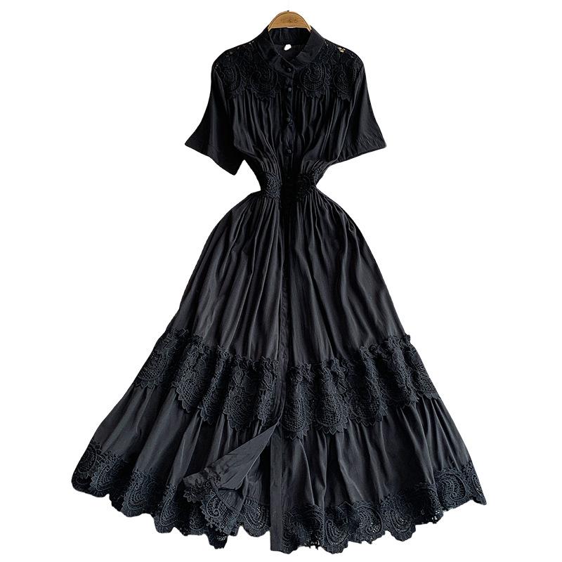 French gentle wind blue stand-up collar dress dress women's summer lace splicing waist thin ruffle edge dress
