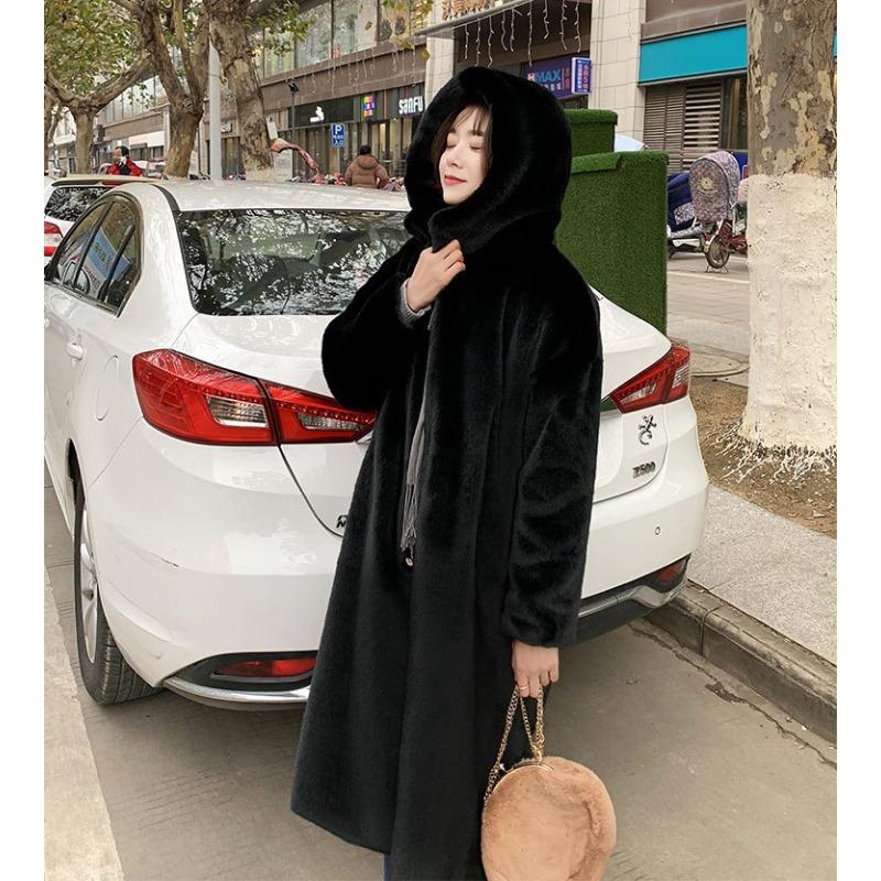 Autumn and Winter Thickened Imitation Rabbit Fur Long Hooded Loose Knee Jacket Women's Plush Coat Imitation Fur