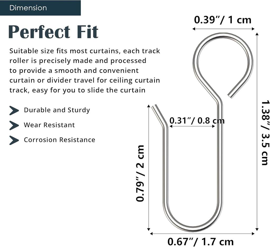 Urbanred Iron Curtain Track Hooks, S-Shape, Set of 60, Heavy-Duty Metal Ceiling Curtain Track Hooks for Track Systems, Rust-Resistant Curtain Hooks