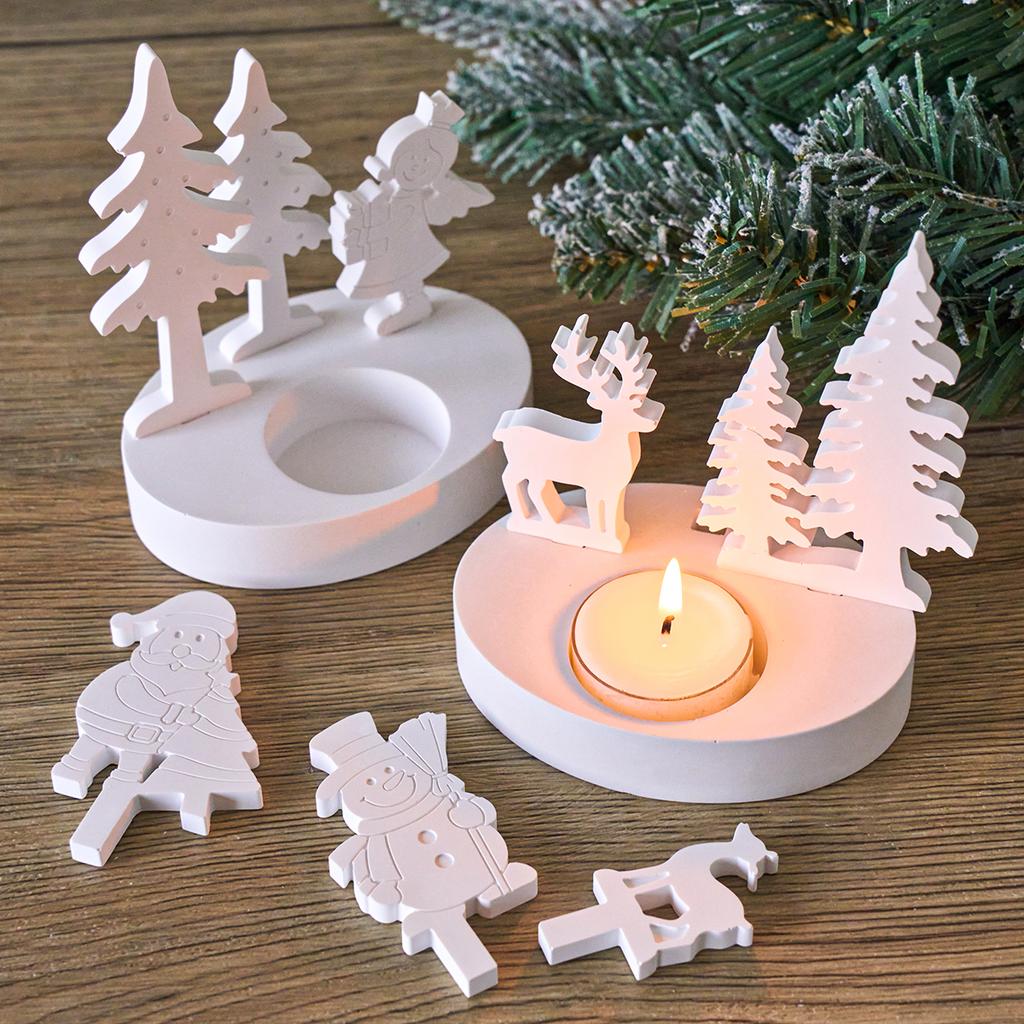 Christmas Tree Snowman Elk Candle Holder Mold DIY Christmas Ornaments Candlestick Making Plaster Resin Craft Silicone Molds
