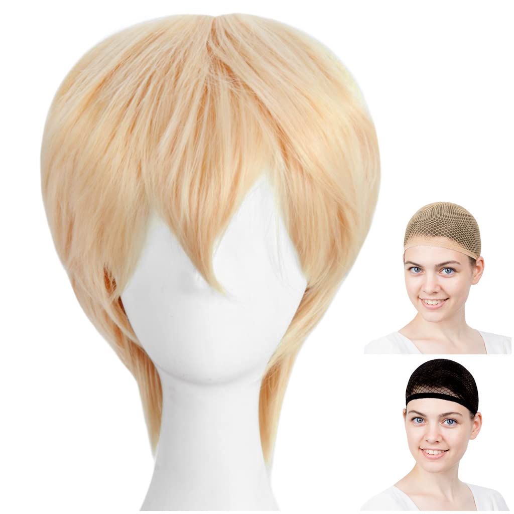 CaseEden Cosplay Wig, Short, Gold, Blonde, White, Melche, Wig Net (Set of 2)