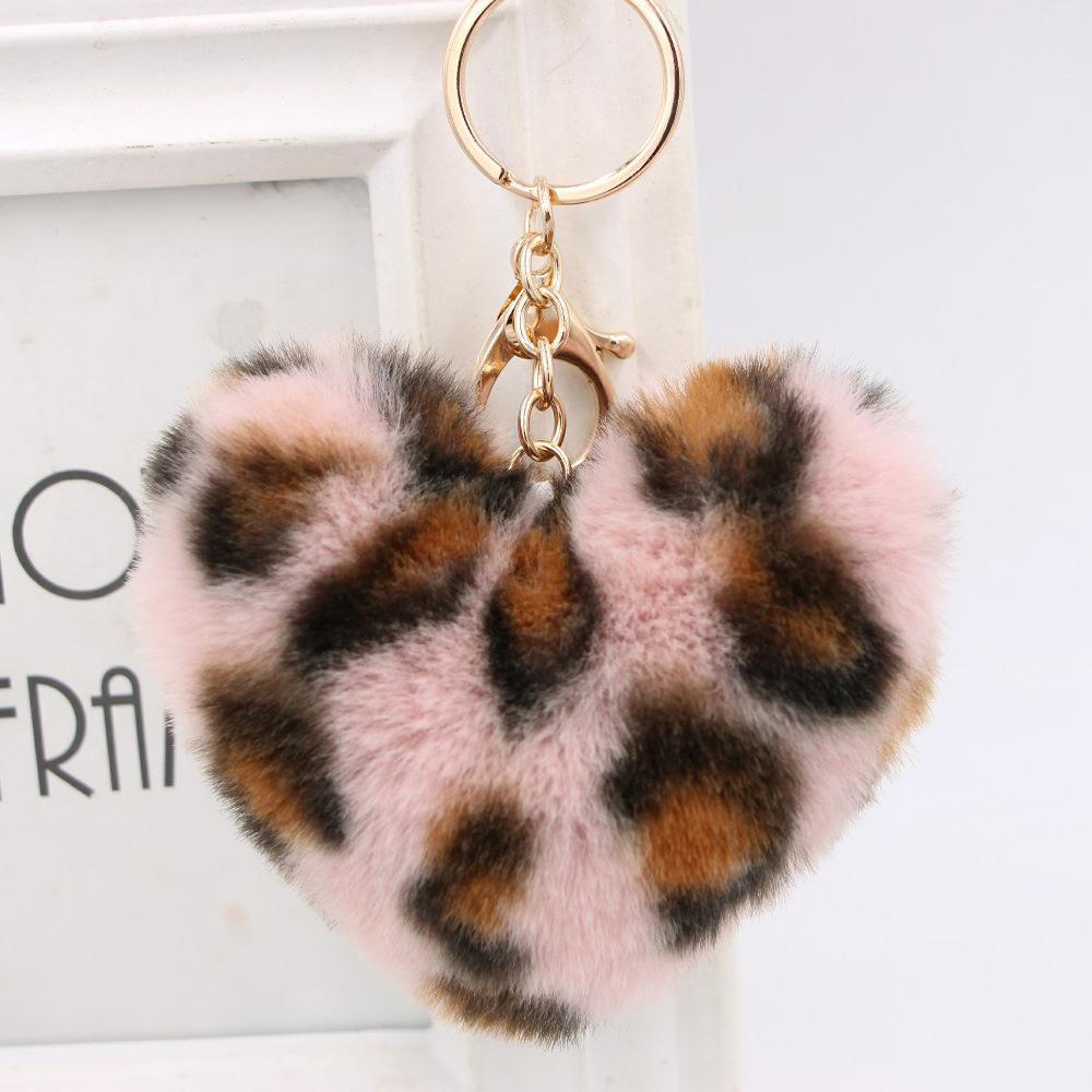Fashion Leopard Fluffy Ball Key Chain Fur Plush Love Heart Keychain Car Key Ring Bag Pendant Jewelry Accessories Gift