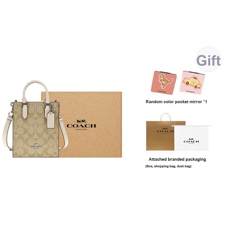 Coach N/S 17 Gold Logo Plaque Classic Jacquard Hardware Coated Canvas And Leather Tote Shopping Crossbody Handbag Mini Women Tote Brown CJ494-SIGHA