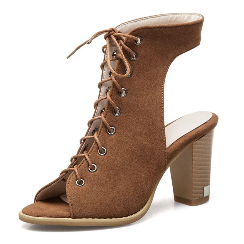 Brand Retro Women Sandals Flock Suede Peep Toe Chunky Heels 5cm Lace Up Big Size 48 49 50 Fashion Dating Female Shoes