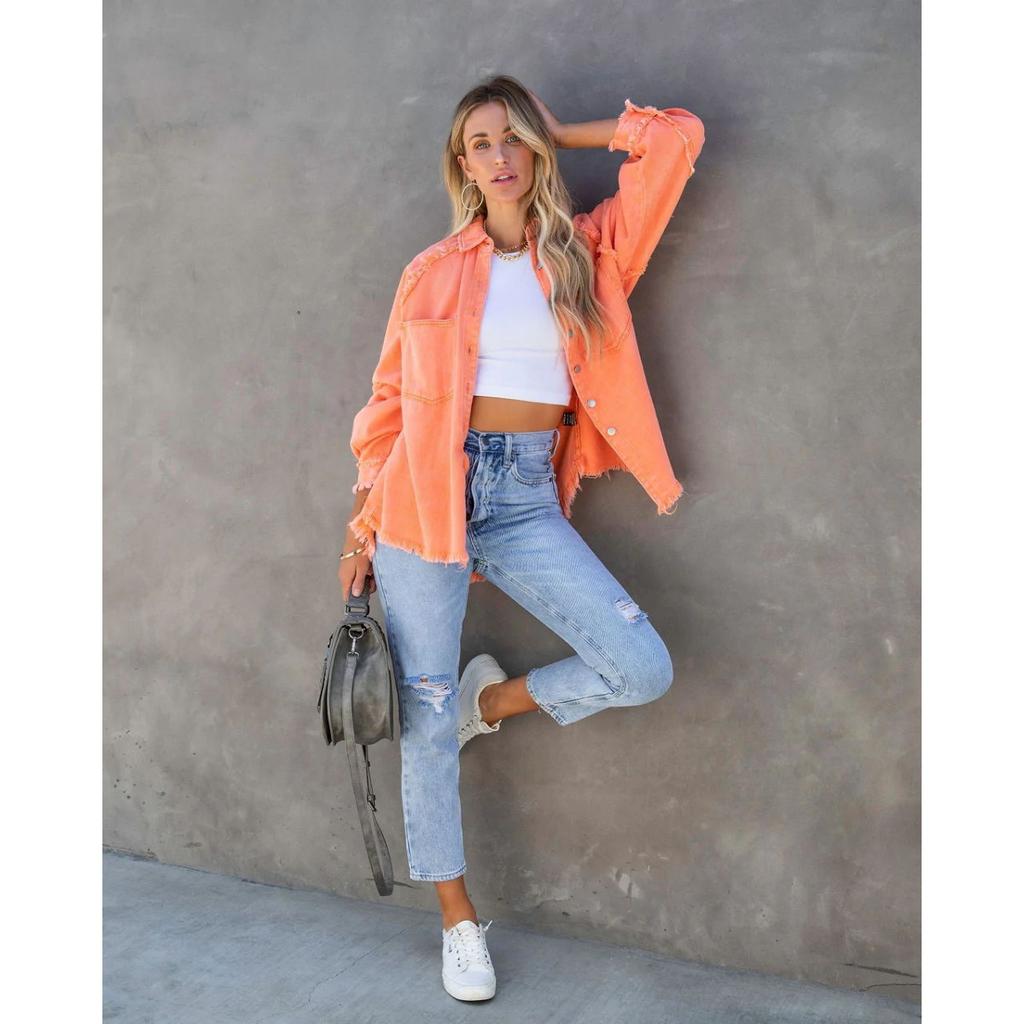 Long Sleeve Denim Jacket Women Washed Raw Edge Mid-Length Loose Jacket
