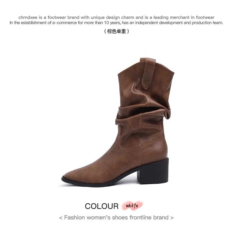 

Версия из коровьей кожи~ замшевые матовые ковбойские сапоги с V-образным вырезом, женские ретро сапоги средней длины, сапоги-чулки на высоком каблуке, сапоги со сборкой 40 коричневый