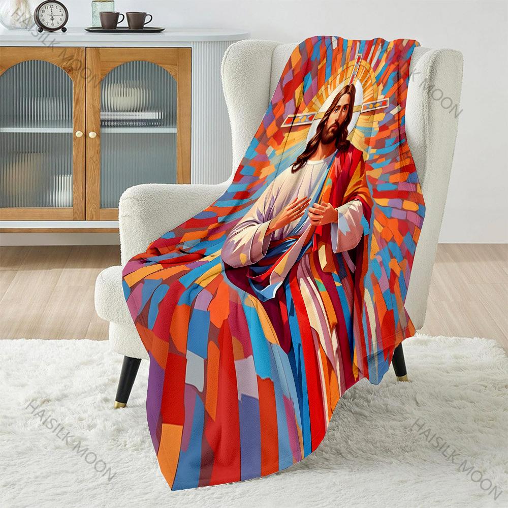 1PC Jesus Figure Colorful Background Print Believer Pray Blanket Warm Soft Flannel Material Suitable for All Seasons Luxury Gift