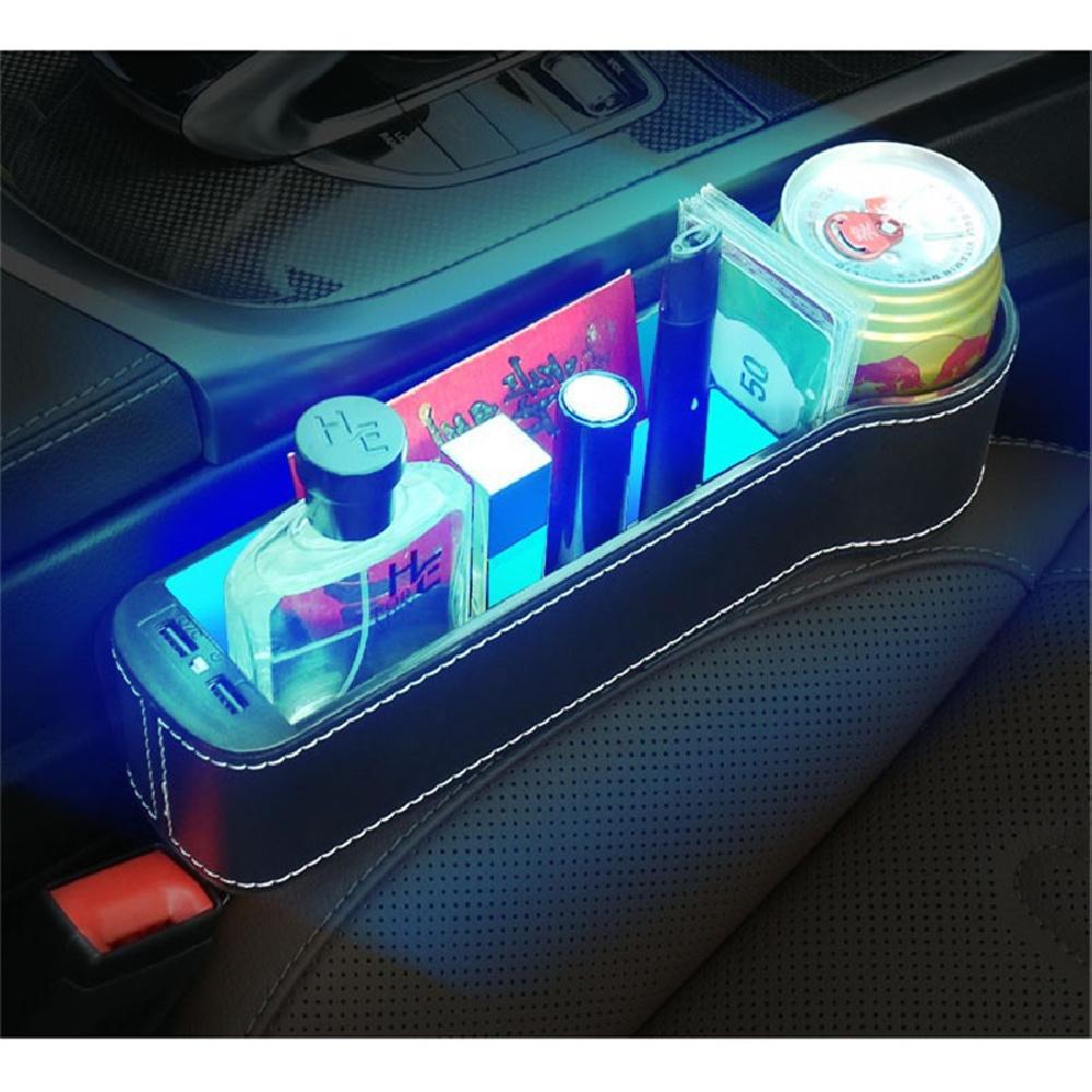Pair 7Colors Led Atmosphere Light Car Seat Crevice Storage Box Usb Charging Port