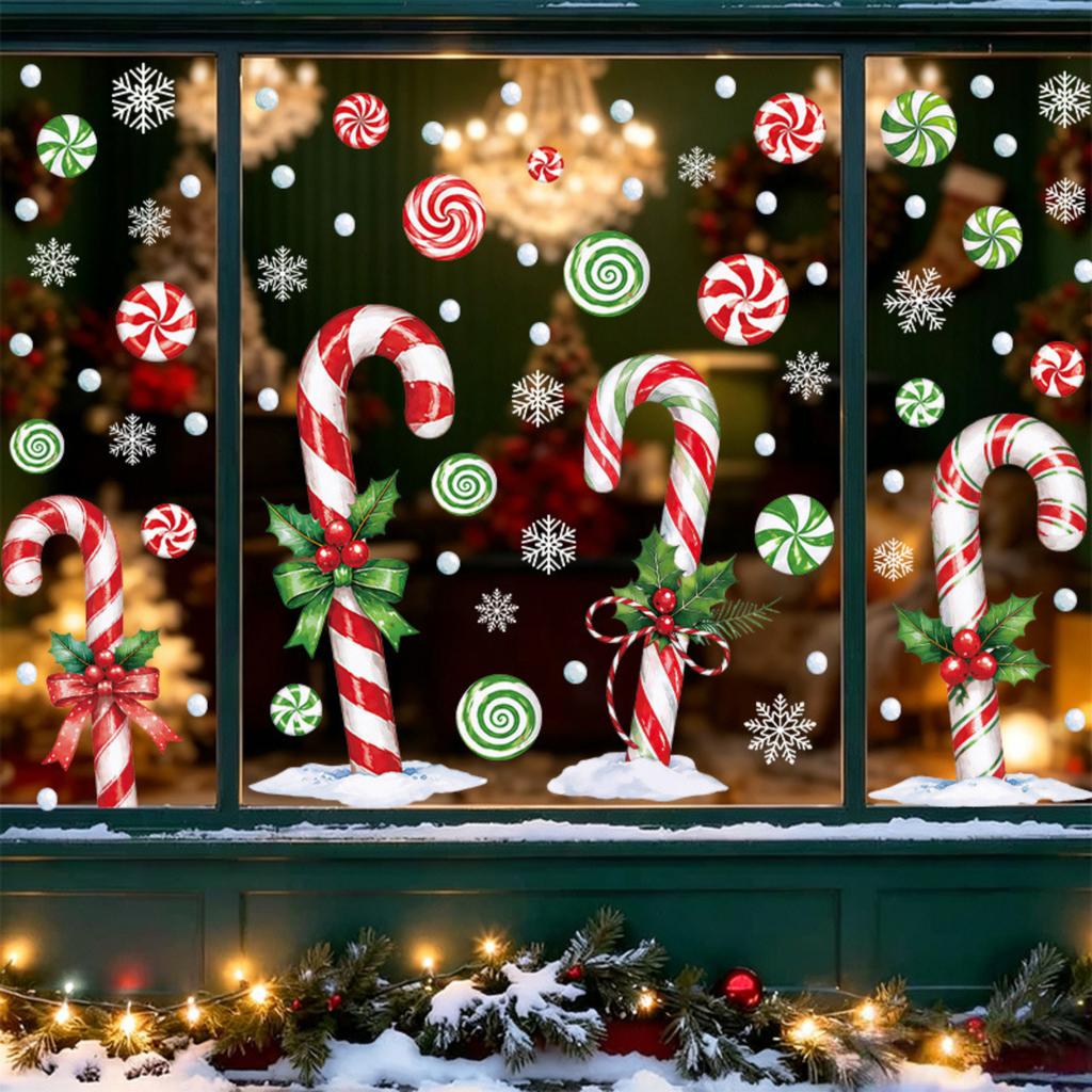 Christmas Window Clings for Glass - Snowflake Candy Cane Static Stickers for Home and Storefront Decor