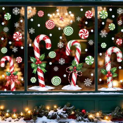 Christmas Window Clings for Glass - Snowflake Candy Cane Static Stickers for Home and Storefront Decor