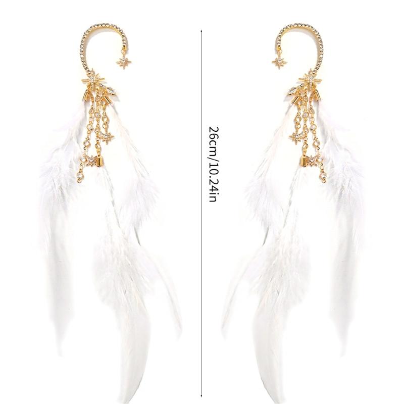 Feather Tassels Earrings with Rhinestones Star Chain Lightweight Ear Cuff Accessories For Women Daily Wear Or Party