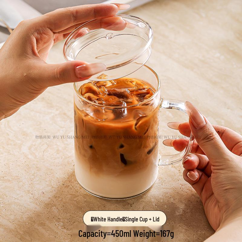 High-Temperature Resistant Borosilicate Glass Cup with Flat Bottom, Lid, and Handle - Explosion-Proof for Tea or Milk