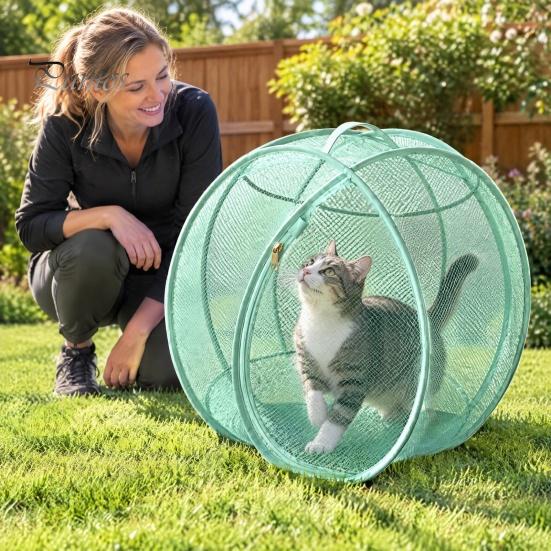 Faltbares Katzenzelt für Camping Pop-Up Rollgehege, Outdoor Katzengehege Spielgehege, Atmungsaktives Netz Haustier Belüftet Kaninchen Bewegungsballkäfig mit Reißverschluss,