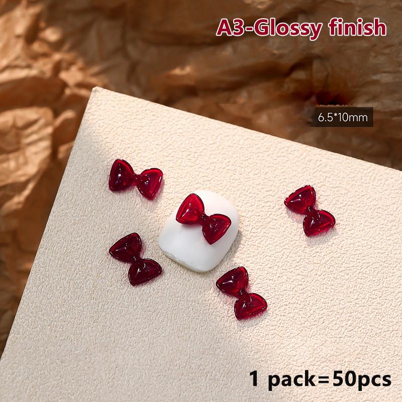 50Pcs French Style Bows Nail Accessories Mixed Size 3D Wine Red Bowknot Nail Charms Kawaii Winter Nail Art Decoration Cute Parts
