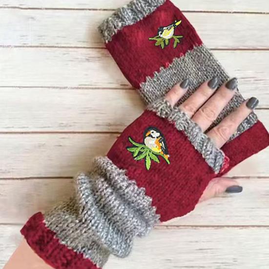 Embroidered Birds Fingerless Gloves Color-Block Knitted Warm Gloves Stretchy Mittens with Thumb