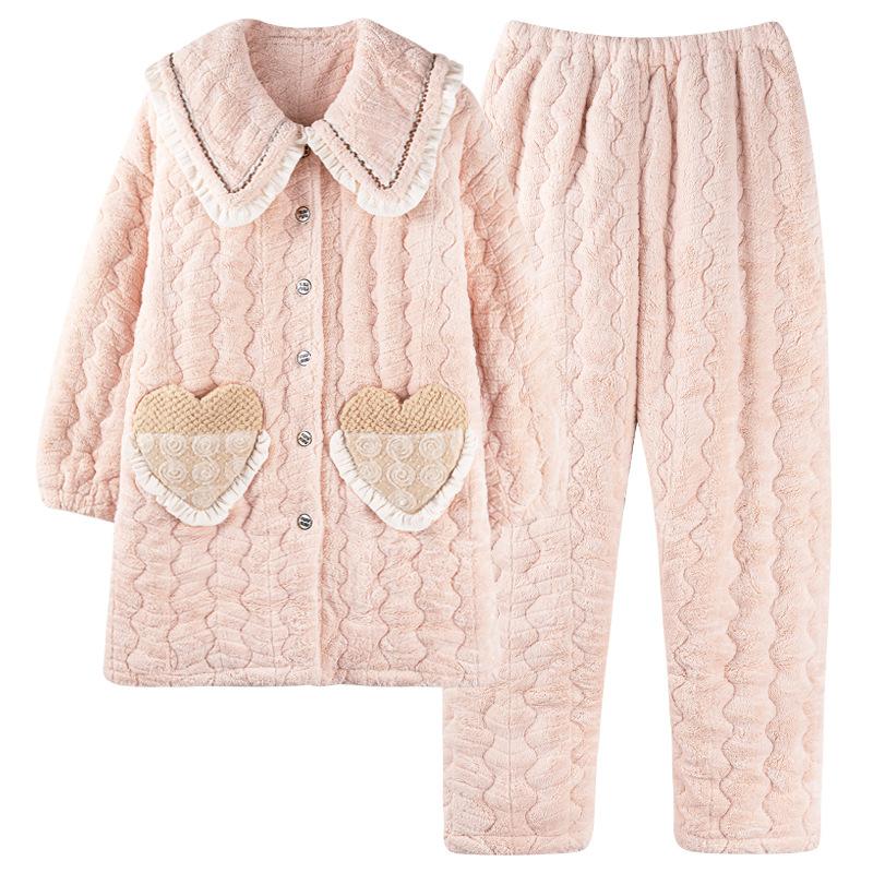 Winter medium and long coral fleece three-layer padded jacket pajamas women's fleece thickened long large lapel loungewear set