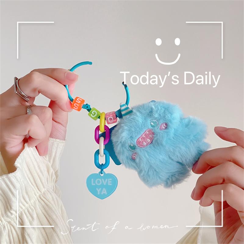 Korea Cute Cartoon Fuzzy Plush Monster Phone Key Chain Beaded Keychain For iPhone 11 13 ProMax Anti-Lost Chain Hanging Jewelry