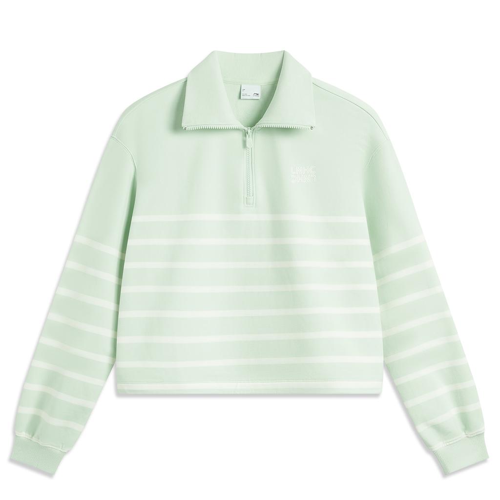 Li Ning Sports Lifestyle Series Striped Letter Comfortable Breathable Versatile Polo Loose Sweatshirt Women Sweatshirt Ice-Green AWDV372-7