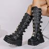 Modne gotyckie czarne buty bojowe na platformie damskie styl punk metalowa klamra motocyklowe buty damskie gruba podeszwa skóra PU buty do kolana