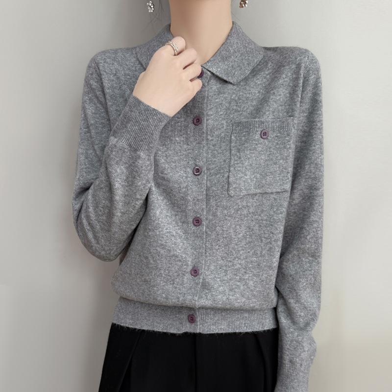 Lapel Knitted Cardigan Solid Color Loose with Pockets, Versatile Spring New Top Coat