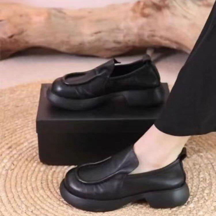 Deep mouth soft leather black single shoes new autumn retro soft-soled small leather shoes 35 чёрный