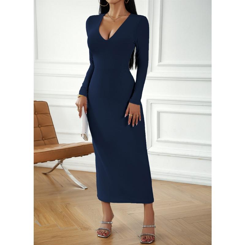 Women's Clothing Independent Station Sexy V-neck Hip-hugging Long-sleeved Dress