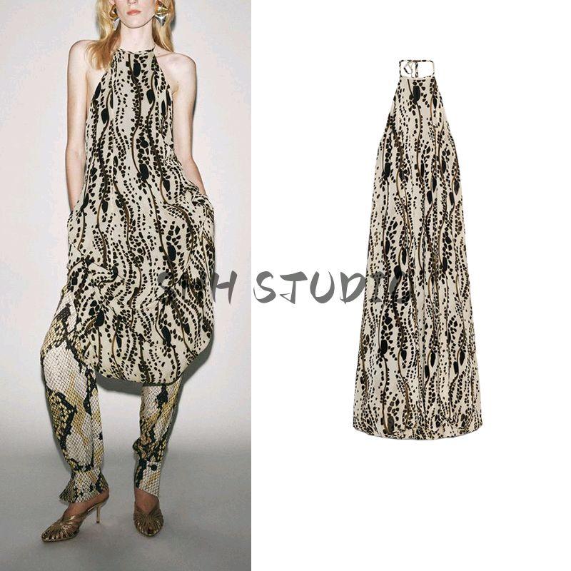 Summer New Women Clothes Viscose Blended A- Line Contrast Color Print Hanging Collar Backless Dress 2183068
