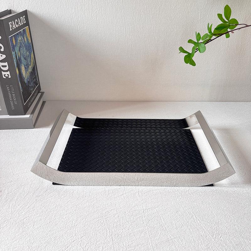 Stainless Steel Organizer Tray Leather Woven Storage Trays Modern Luxury Decorative Tray Rectangular Accessory Trays with Handle