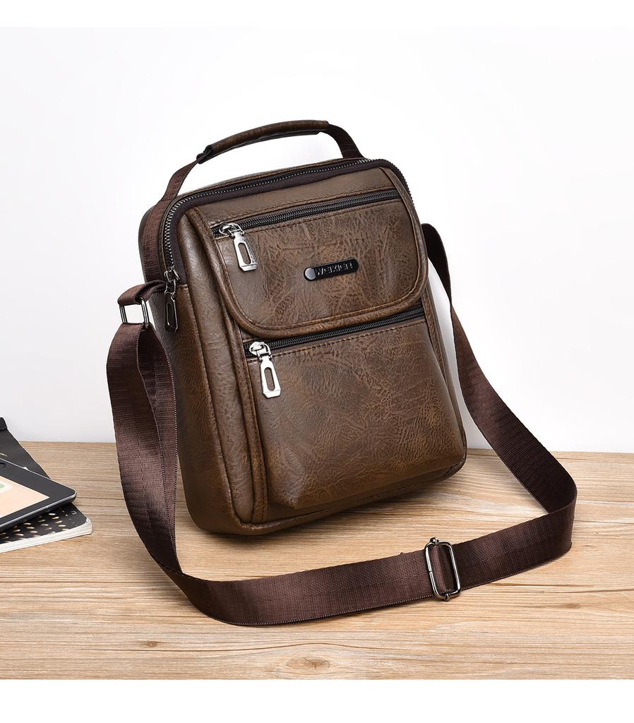 Mens Vintage Fashion Sling Bag Large Capacity Solid Pu Leather Message Bag One Shoulder Bag with Handle