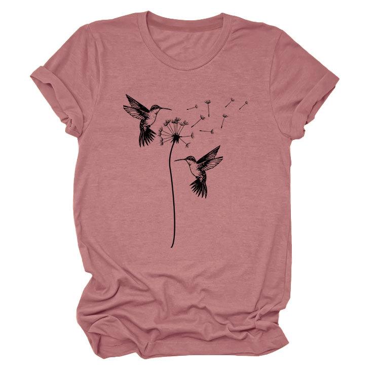 Sommer Rundhals Zwei Vogelmuster Druck Top Modische Lässige Kurzarm Damen T-Shirts
