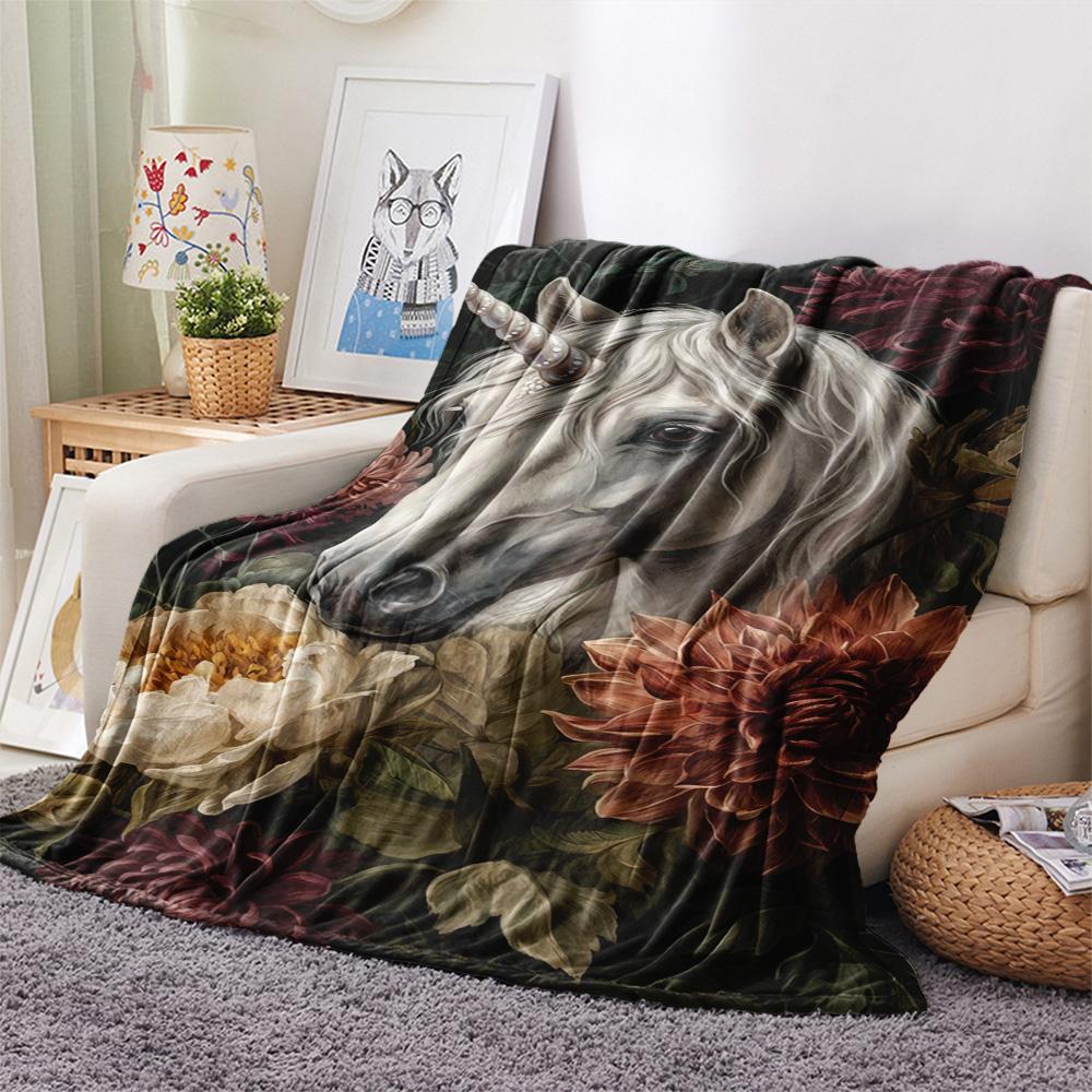 1PC Dark Floral Wildlife Print FlAannel Blanket, High quality Comfortable for All Seasons, Home Decor, Warmth and Comfort