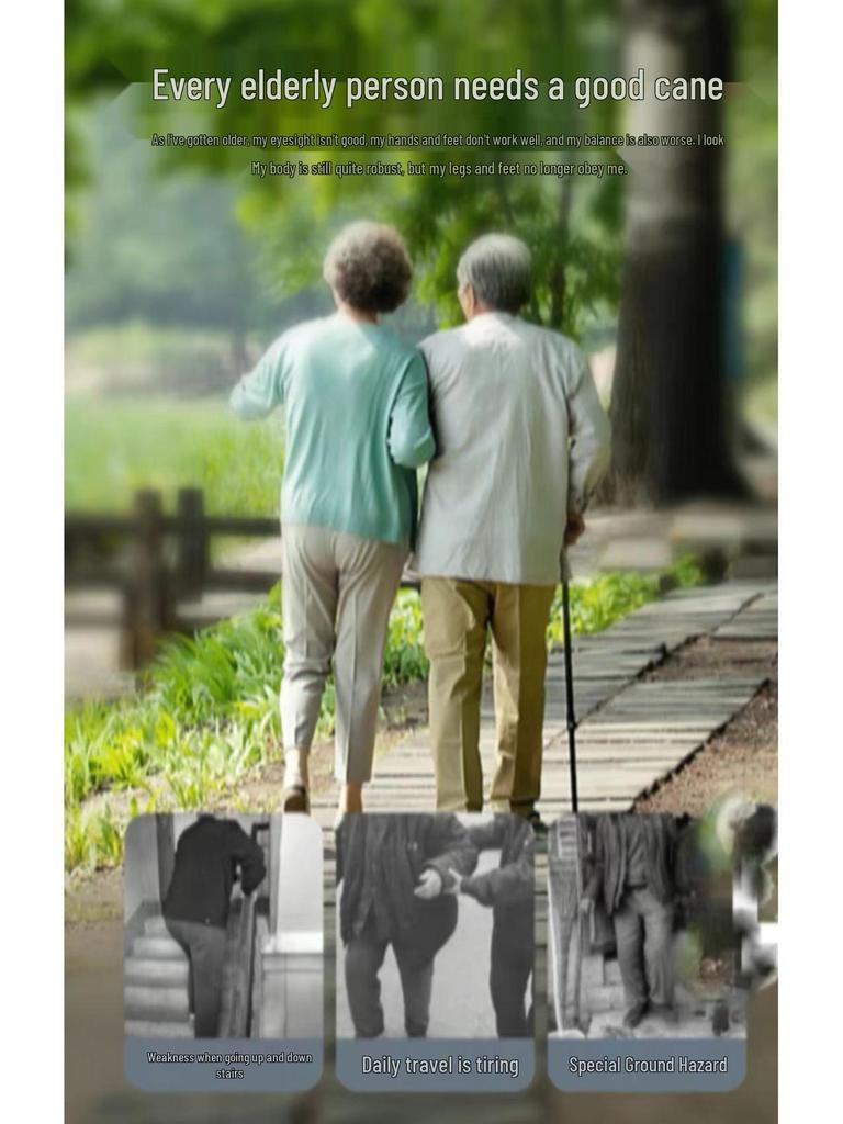 Smart Multi-Functional Telescopic Cane with Radio, Non-Slip Grip, LED Light, and Four-Legged Aluminum Alloy Base for Seniors.