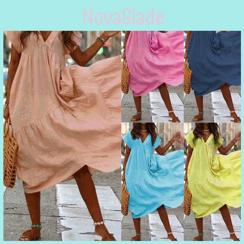 Elegant Women Fashion Maxi Dress Short Sleeve Solid Color Casual Boho Kaftan