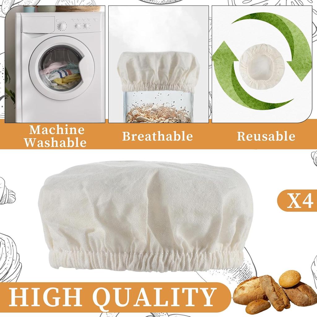 4 Pack Sourdough Starter Jar Cover Cloth, Reble Linen Covers Elastic Sourdough Starter Container Washable Breathable Cotton Cloth Bowl Lid for Mason