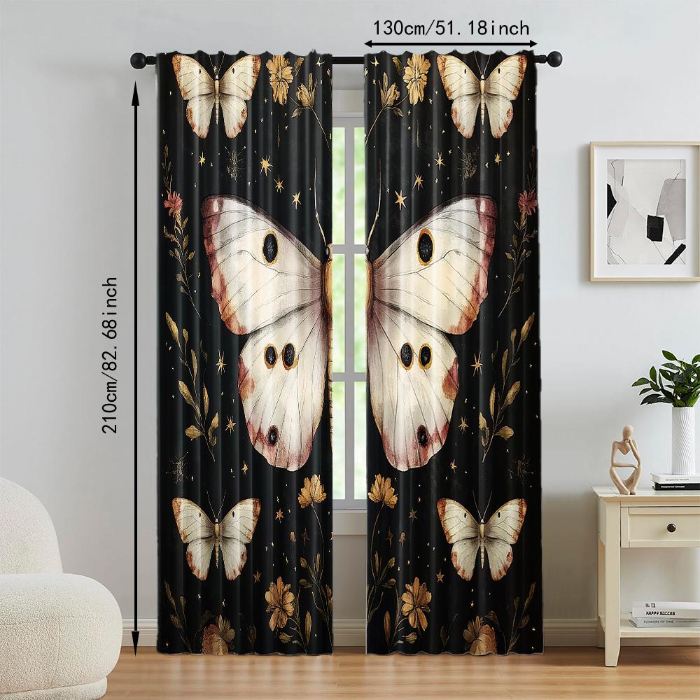 2 Pcs, Versatile Polyester Transparent Curtains for Home Decoration Vintage Black Butterfly & Floral Leaf Pee for Use In