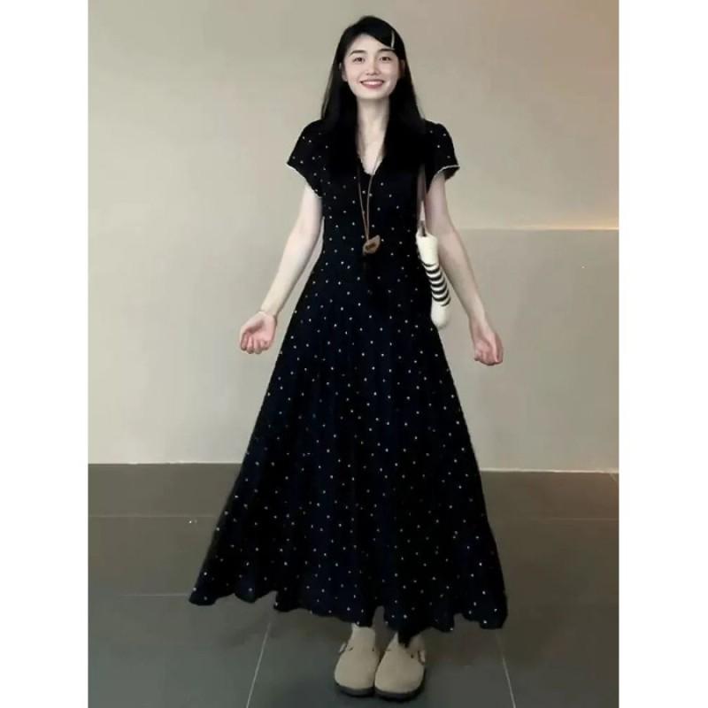 Plus Size V-Neck Polka Dot A-Line Midi Dress Women - Slimming Fit Elegant Casual Small
