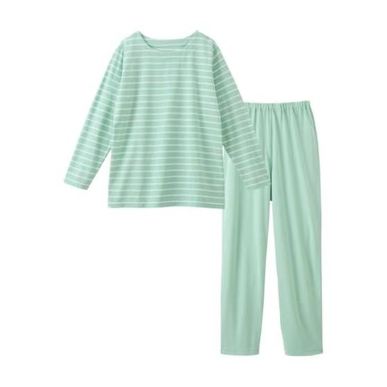 [Nissen] Pajamas/Roomwear Set Cotton Blend Long Sleeve Border Roomwear Top and Bottom Set