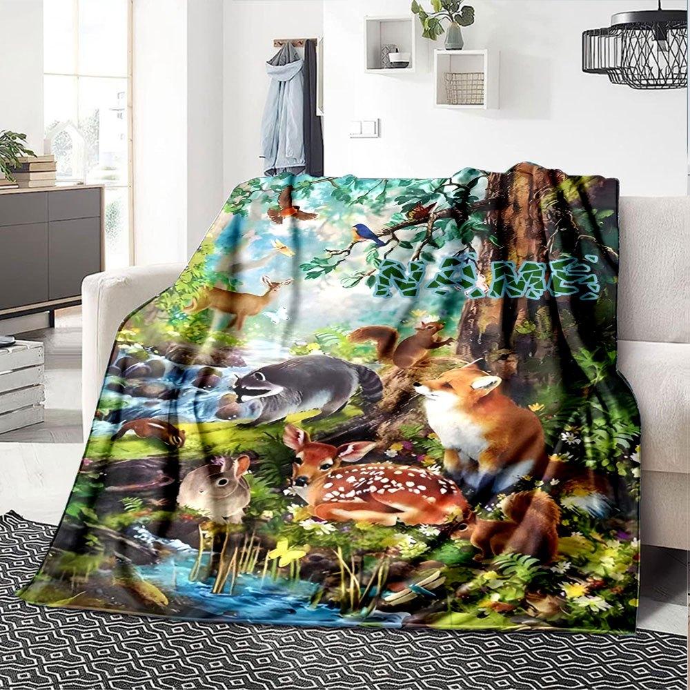 Forest Wildlife Scene Home Customize Your Name Blankets Soft Cozy Lightweight Versatile For All Seasons Perfect For Picnics Sofa Office Bed Living