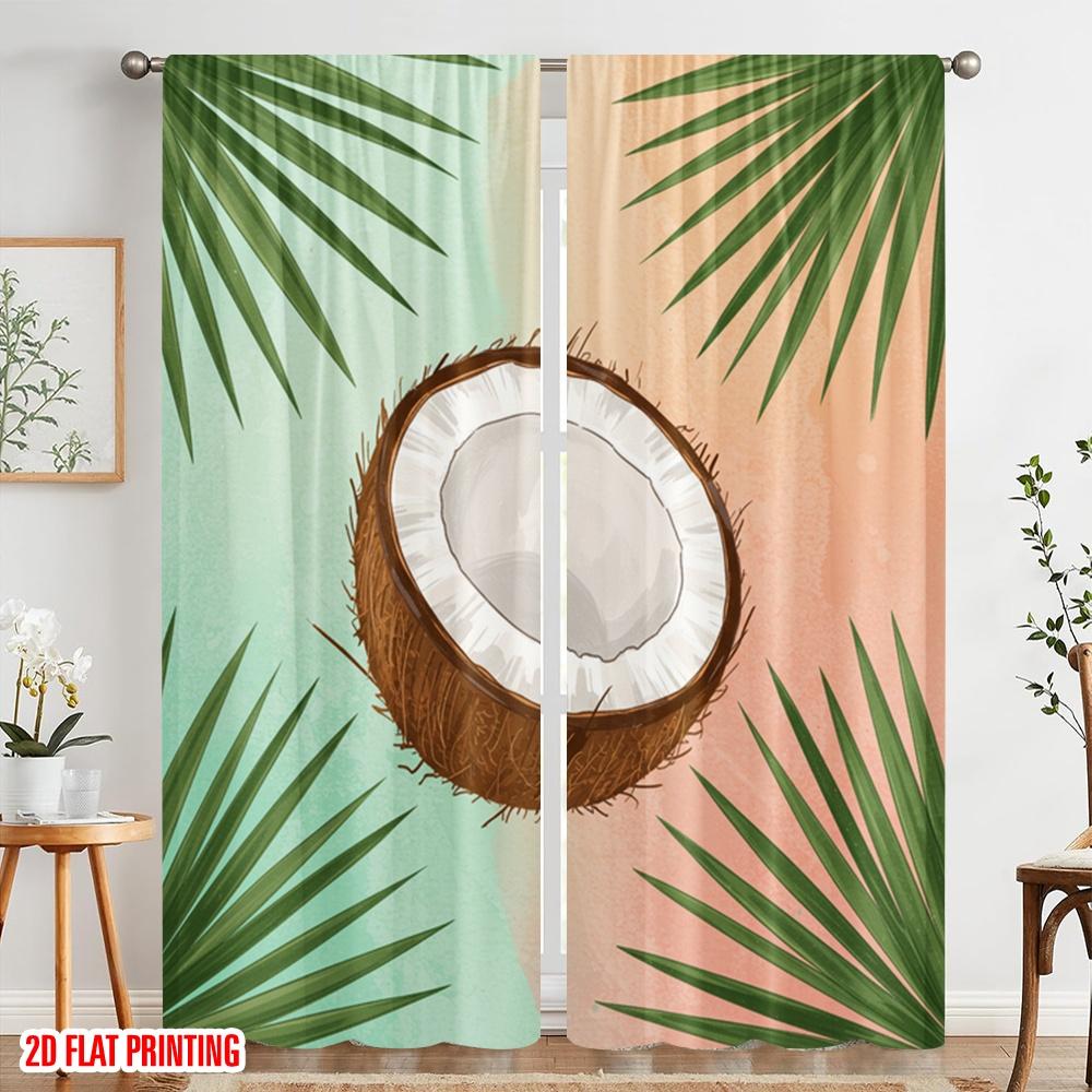 2pcs 2D Flat Printing Party Curtains Tropical Coconut Palm Leaves Polyester Fabric Without Electricity Festive Holiday Use for