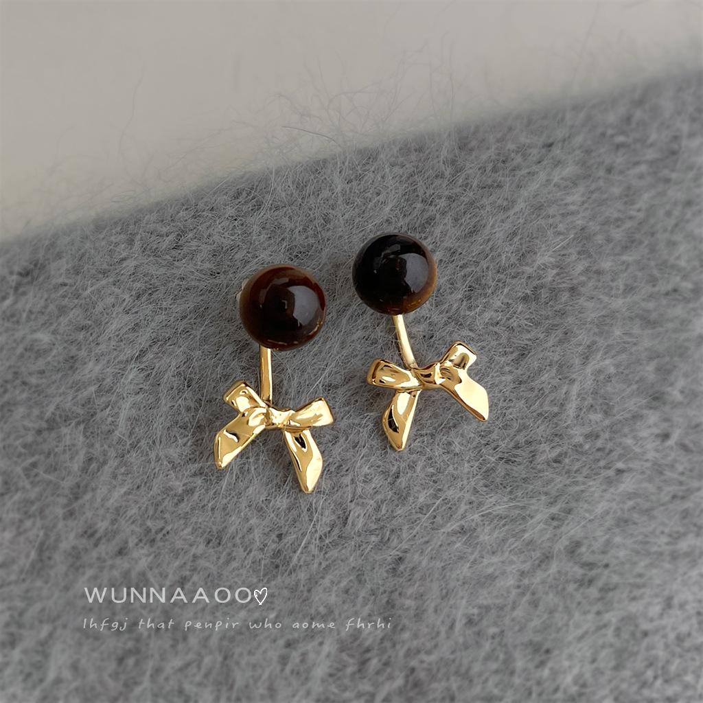 Модные серьги-бантики из натурального камня тигровый глаз, два способа ношения, литературные серьги в стиле Маillard