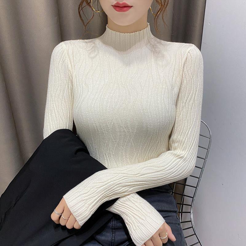 Autumn/Winter Women's Slim Fit Long-Sleeve Knitted Sweater with Semi-High Collar